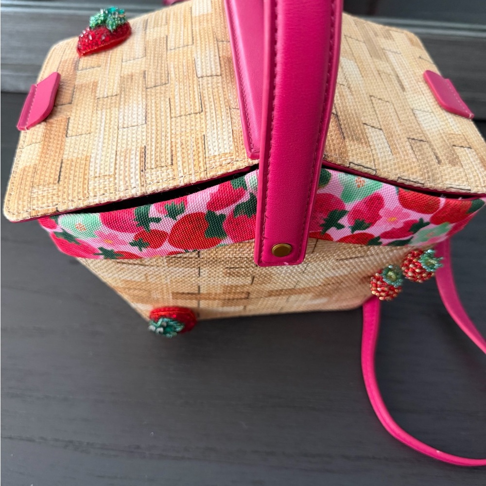 Betsey Johnson Straw Shoulder Bag with Hot Pink Trim and Strawberry Accents